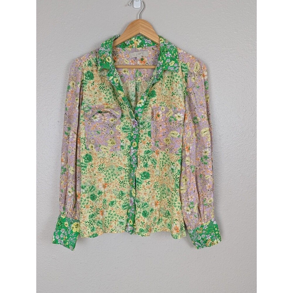 Loft Floral Patchwork Bishop Sleeve Button Up Shi… - image 2